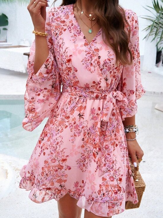MODA ME COUTURE Dresses & Skirts - Pink Boho Women's Mini Dress with Bell Sleeves and Waist Belt